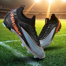 1双成人学生青少年高帮户外足球鞋，男士专业运动鞋，大码防滑耐磨AG钉FG天然草软地真草足球训练鞋系带真皮足球鞋，轻便高性能防滑设计高帮专业足球鞋 - 灰黑色 - 查看 10
