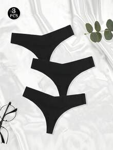 3PCS Women's Solid Panties Seamless Underwear Panties Solid Briefs Mid Rise Sexy V-Cut Waist Comfort Breathable Women's Lingerie Ice Silk Thongs Intimate, Black - Black - View 4