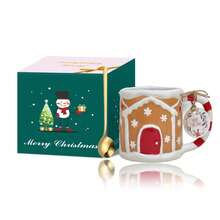 LECHENG HOUSEHOLD 1 Cup 1 Spoon, Gift Box, 400ml Christmas Ceramic Cookie House Mug, Red And Pink, Handmade Hand-Painted Mug, Coffee Cup, Water Cup, Decorative Cup, Hot Chocolate, Winter Cup, Thanksgiving, Christmas Gift, Christmas Eve Gift, Microwave/Dishwasher - Multicolor - View 10