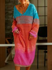 秋季女士休闲针织中长款毛衣连衣裙 - 撞色设计，宽松版型，秋冬校园风可爱上衣，复古街头风女装，教师装