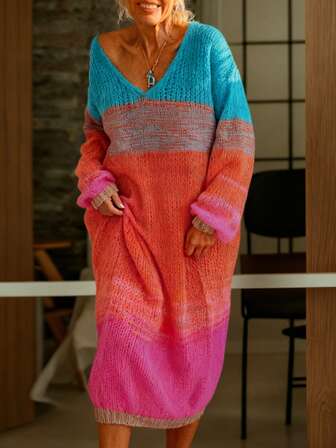 秋季女装 女士休闲针织中长毛衣裙 - 拼色设计，宽松版型，秋冬风格校服 可爱上衣 女士街头时尚 复古风 女士教师装