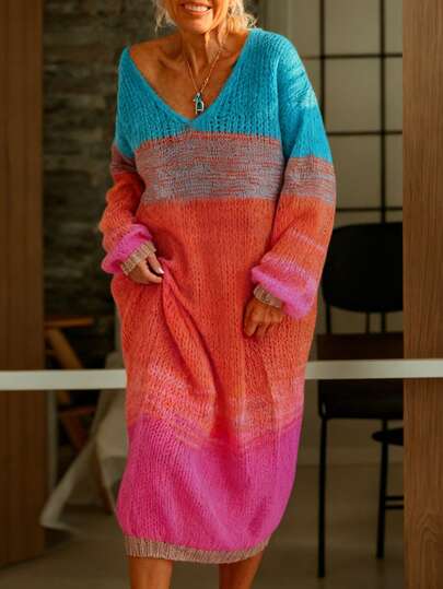 秋季女士休闲针织中长款毛衣连衣裙 - 撞色设计，宽松版型，秋冬校园风可爱上衣，复古街头风女装，教师装