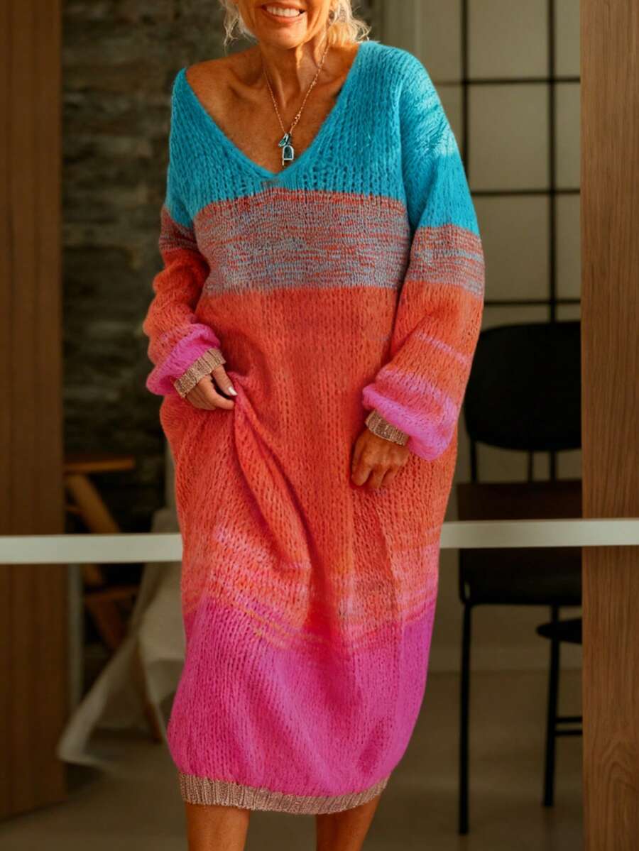 秋季女士休闲针织中长款毛衣连衣裙 - 撞色设计，宽松版型，秋冬校园风可爱上衣，复古街头风女装，教师装