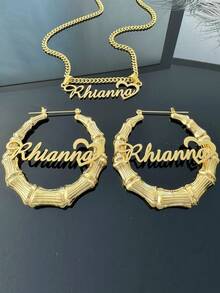 [ZzAi Custom]1套雙層3D項鍊（心形姓名設計）&耳環套組，不鏽鋼材質，18K鍍金，附精美禮盒，適合送給朋友、家人、情人節與母親節的理想禮物 - 款式6-金色 - 查看 2