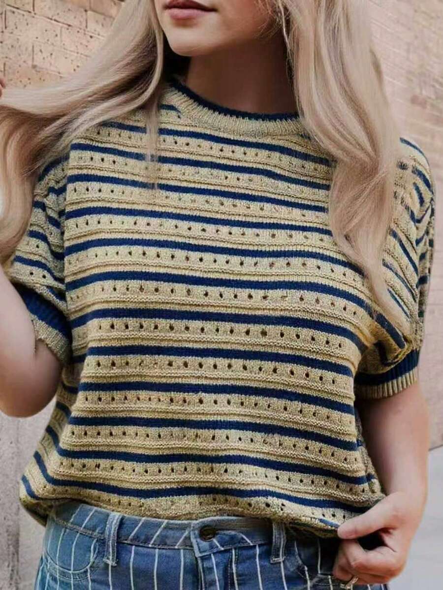Blusa de punto de manga corta con cuello redondo y calado, a rayas, para mujer de talla grande, para verano - Caqui - Ver 1
