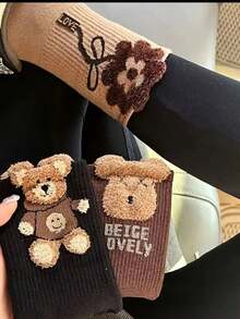 9双随机羽毛图案毛线熊主题中筒绒袜，适合秋冬季节穿着，可爱百搭，可外穿或长筒袜 - 彩色 - 查看 3