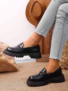 Chaussures noir pour femmes grandes tailles, semelle épaisse, style britannique, chaussures d'uniforme JK, antidérapantes, plateforme, doublure thermique, mocassins, talon haut - Noir - Voir 3