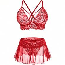 Sexy Lingerie For Women Naughty 3 Piece Lace Bralette, Mini Skirt With G-String Crotchless Lingerie Outfits,31376163 - 紅色 - 查看 1