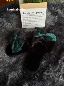 Women's Faux Fur Open Toe Slippers With Elegant Green Satin Bow, Fluffy Fuzzy House Slides, Soft Plush Memory Foam Indoor Bedroom Shoes, Warm Winter Gifts For Her,Cozy Fleece House Slippers For Women - Emerald and Black - View 7