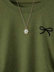 Women's Casual Slim Fit Butterfly Print Detail Simple Solid Color Pleated Crew Neck Short Sleeve Dress