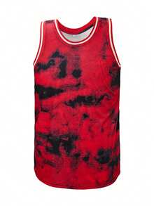 KTYSDE 男士扎染篮球服 - 宽松无袖运动服，100% 涤纶微弹针织面料，适合春夏秋季穿着，休闲日常穿着，跑步健身，篮球训练，男女通用 - 紅色 - 查看 2