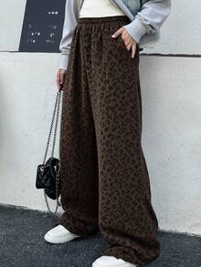 Livesso 女士豹纹荷叶边阔腿裤 豹纹裤 动物纹裤 猎豹纹裤 豹纹裤 棕色豹纹裤 秋季 - 棕色 - 查看 1