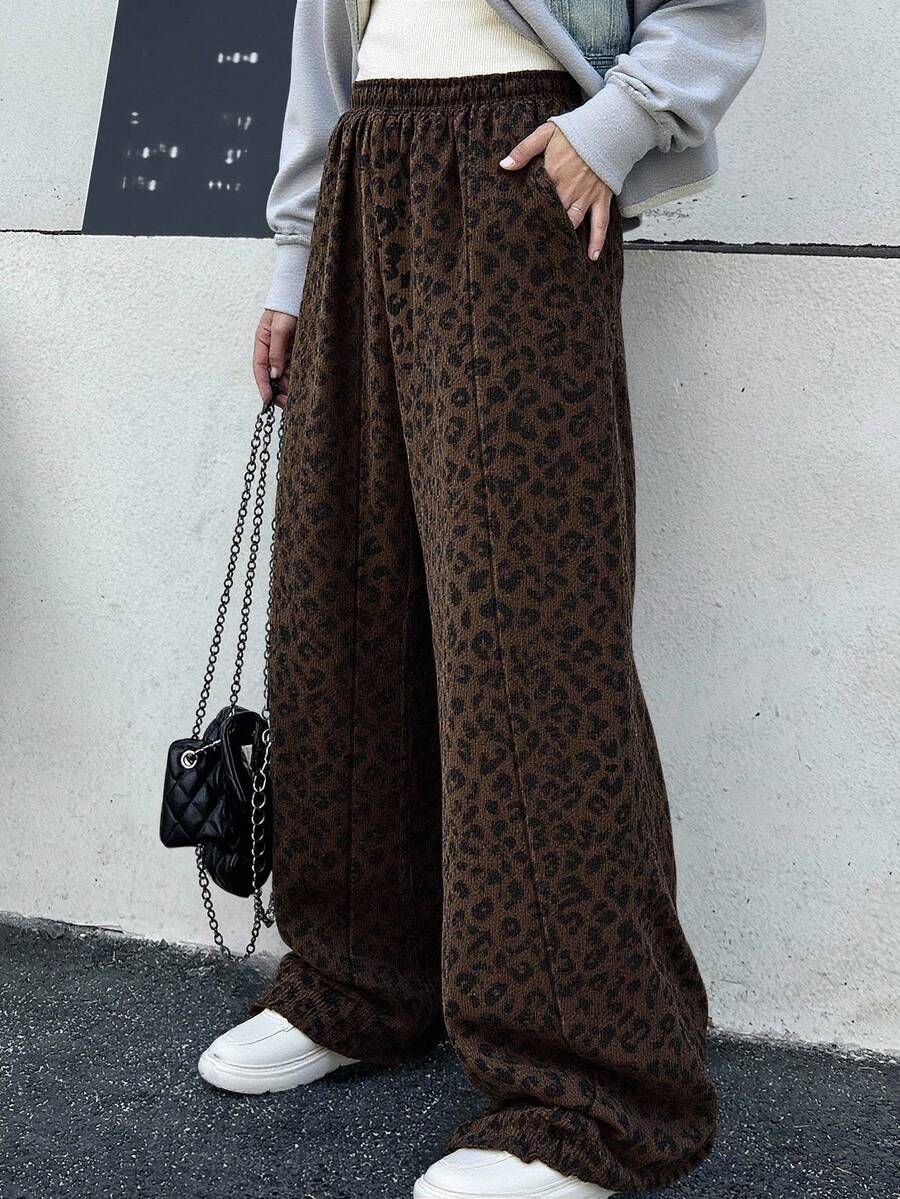 Livesso 女士豹纹荷叶边阔腿裤 豹纹裤 动物纹裤 猎豹纹裤 豹纹裤 棕色豹纹裤 秋季 - 棕色 - 查看 1