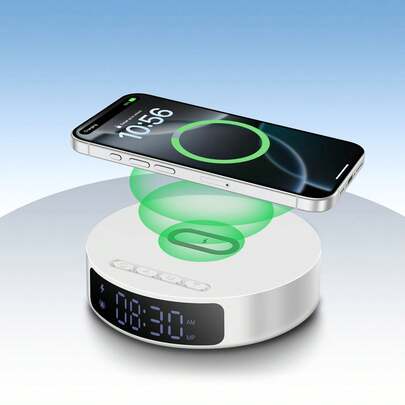 二合一无线充电器，带时间显示和闹钟功能，适用于卧室或办公桌，充电底座兼容 17/16/15/14/13/12/11 Pro Max/Mini/Plus/XR/XS/X/8，兼容 2/3/4/Pro/Pro 2，兼容三星 S25/S23/S22/S21/S20，Galaxy Buds