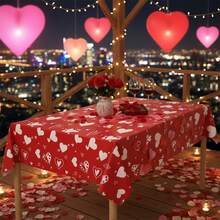 Valentine's Day Plastic Tablecloth Red Heart Disposable Romantic Rectangle Table Cloth For Dining Room - 紅色 - 查看 4
