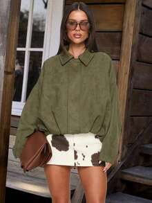 Women's Regular Faux Suede Long Sleeve Single Breasted Loose Casual Jacket, For Spring, Women's Pocket Metal Button Short Military Green Jacket Suitable For Spring And Autumn - Army Green - View 5