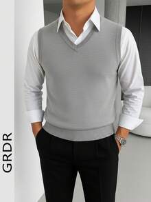 GRDR 男士纯色V领优雅时尚针织背心，秋冬款 - 灰色 - 查看 3