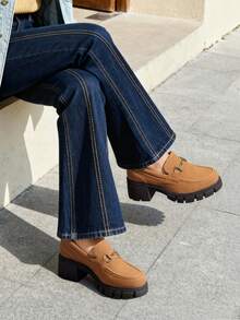 Women Chunky Loafers 2.17-Inch Heel Platform Loafers Pumps Slip On Casual Street Fashion Elegant Versatile Shoes - 紫紅色 - 查看 1