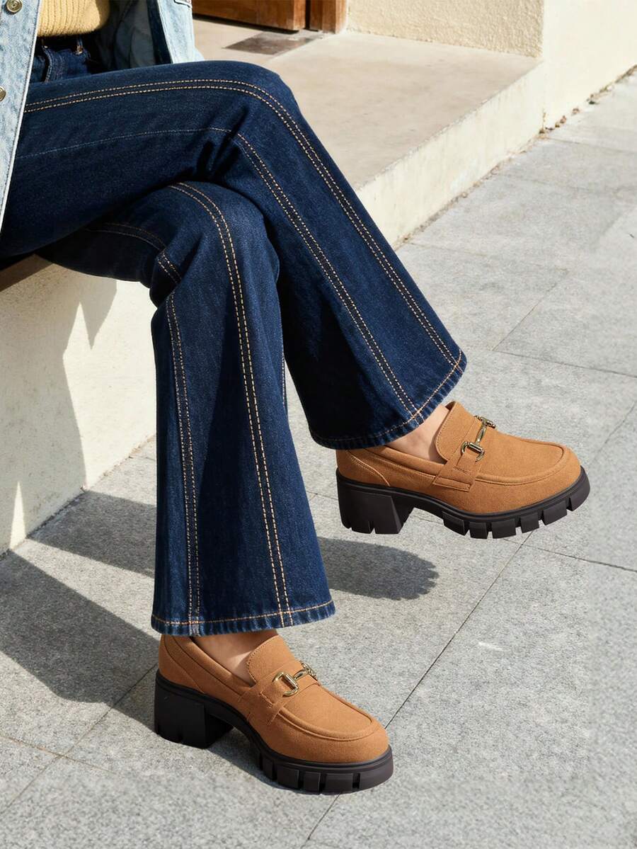 Women Chunky Loafers 2.17-Inch Heel Platform Loafers Pumps Slip On Casual Street Fashion Elegant Versatile Shoes - 紫紅色 - 查看 1