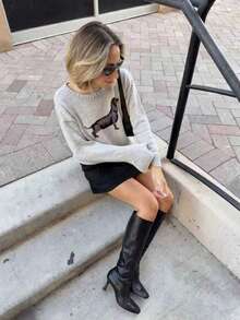 2025秋冬新款时尚街头风休闲简约小狗图案圆领针织衫，适合上学、圣诞节、约会、露肩、韩版、保守女性、派对、Y2K风格、外出、音乐会、新年、沙特国庆日等场合，时尚优雅。 - 淺灰色 - 查看 4