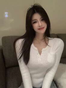 女士V领纯色休闲短款针织毛衣 - 白色 - 查看 4
