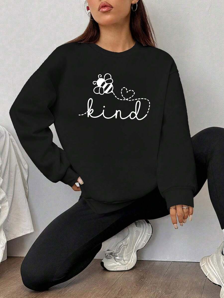[New Product Recommendation]Friendly Pattern Printed Sweater, Women's Casual Long Sleeve Round Neck Autumn Winter Style, Machine Washable, Lightweight And Versatile, Women's Cheerleading Outfit, Comfortable Cotton Round Neck Sweatshirt, Suitable For Sports And Commuting - 黑色 - 查看 1