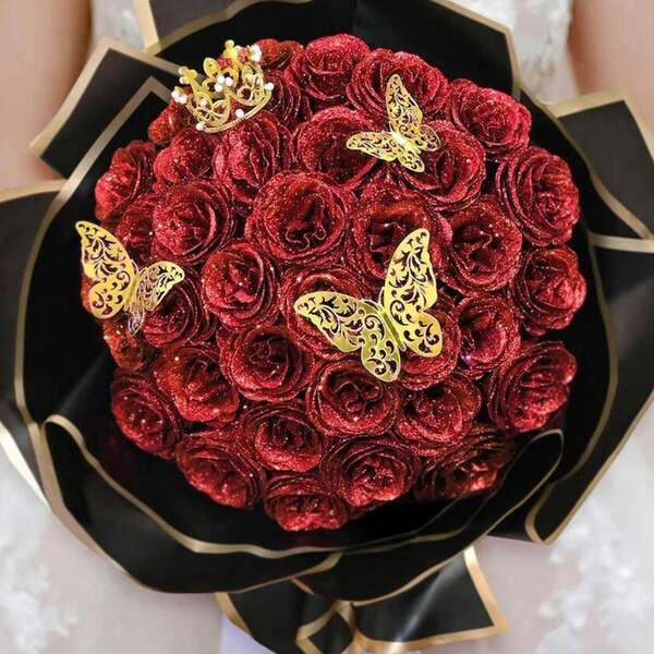 24pcs Shiny Rose Bouquet, DIY Artificial Flower Bouquet With Shiny Roses, Stems, Flower Crown, Bow And Accessories, Suitable As Gift For Valentine's Day, Mother's Day, Anniversary, Engagement, Wedding And Other Occasions