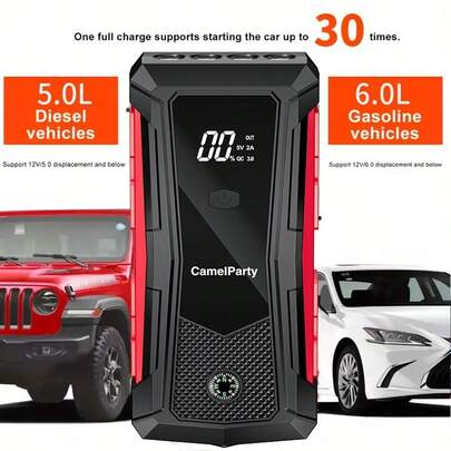 12V Portable Battery Starter, Car Jumper Starter - Portable 2.64-Gallon Gasoline And 2.11-Gallon Diesel Engine Starter, LED Flashlight, SOS Warning Light, Emergency Power Supply With Safety Hammer And Compass, Suitable For Road Trip Adventurers.