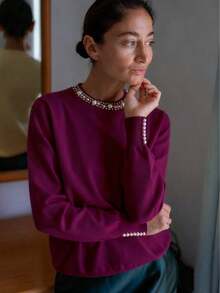 GIGOGOU Áo len nữ cỡ lớn đính hạt ấm áp, áo dệt kim dài tay cơ bản, trang phục thời trang mùa thu. - Màu tím - Xem 3