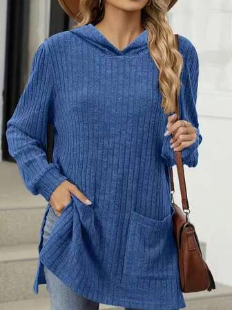 Comfortable Plus Size Blue Ribbed Knit Hoodie Sweatshirt, Women Long Sleeve Pullover With Front Pocket And Asymmetric Hem