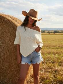 大码女装大码夏季休闲纯色吉祥字母图案蝙蝠袖毛衣上衣网眼镂空度假沙滩不对称下摆针织上衣女度假