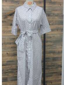 女士宽松下摆开衩短袖衬衫裙，梭织无弹力落肩宽松衬衫裙，休闲优雅商务时尚连衣裙，适合春夏日常办公和旅行穿着 - 灰色 - 查看 6