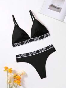 2pcs/Set Women's Wireless Non-Underwire Sport Bra & Panty Set, For Small Bust Girls - Black - View 2