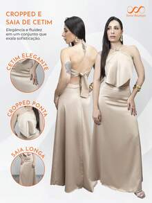 Conjunto Saia Longa Cropped Feminino Frente Única Amarração Cetim Moda Gringa Verão