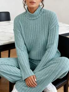 Women's Turtleneck Ribbed Knit Sweater And Wide Leg Pants Set, 2 Piece Outfit For Fall Winter, Loose Fit Casual Loungewear Tracksuit, Matching Set For Daily Wear - 藍色 - 查看 4