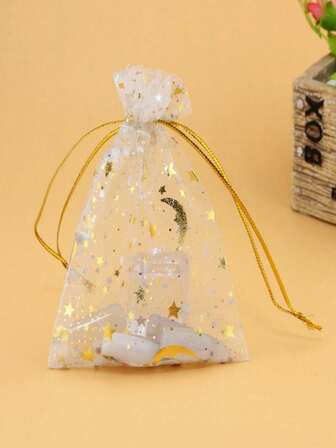 30pcs/50pcs/100pcs Moon & Star Print Drawstring Organza Bags, Gift Packaging Bags (Black & White Options), DIY Gift Bags For Cosmetics, Birthday, Jewelry, Wedding Bride Favors, Souvenirs, Valentine's Day, Christmas, Easter, Graduation, Back To School, Thanksgiving, Holiday Parties, 3.5x4.7 Inches (9x12cm)