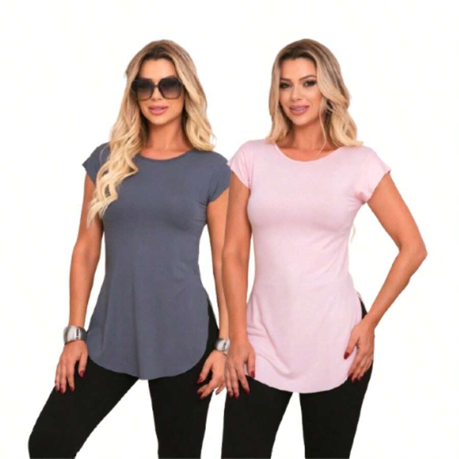Kit Of 2 Women's Long-Sleeved Gym Tops With Butt-Covering Effect. - 灰色/嬰兒粉紅色 - 查看 1