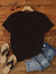 Camiseta Divertida De Dibujos Animados Impresa, Top Casual De Cuello Redondo Y Manga Corta Para Primavera Y Verano, Ropa De Mujer. - Oscuro - Ver 4