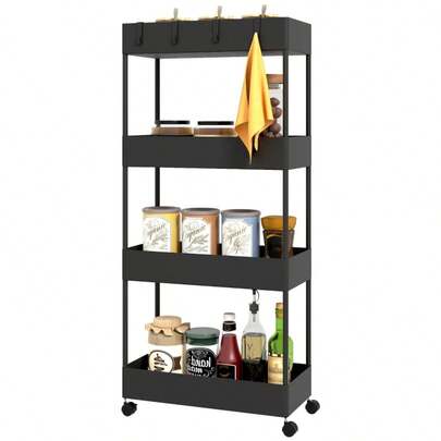 HOMCOM Rolling Cart, 4-Tier Kitchen Shelf, Storage Rack With Wheels, Kitchen Cart With Brakes, Serving Cart For Kitchen, Bedroom, Living Room, Plastic, Black, 40 X 19 X 90