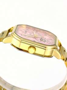Pink Dial Gold Steel Band Square Quartz Watch, Multifunctional Fashion Wristwatch For Men And Women - one-size - View 5