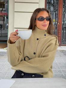MUMRAP 女士休闲纯色立领针织开衫，复古宽松长袖 - 橄欖綠 - 查看 2