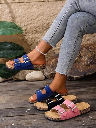 Soft Beige Color With A Gentle Feel, Fashionable Double Buckle Design For Easy Adjustment, Fluffy Sole Feels Like Walking On Clouds, Extremely Comfortable For Daily Wear, Lounging At Home . Also Available In Pink, Black, And Blue For Selection.