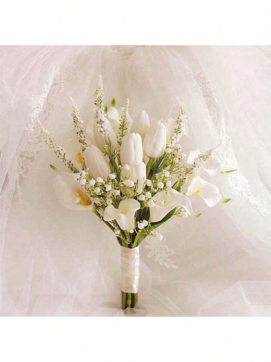 逼真新娘捧花,栩栩如生的马蹄莲新娘捧花,婚礼鲜花,伴娘婚礼仪式捧花,白色花卉装饰,婚礼用品 - 彩色 - 查看 1