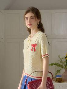 Simple Retro 女士春夏撞色3D花卉图案Polo领修身短袖上衣，优雅米色 - 米黃色 - 查看 2