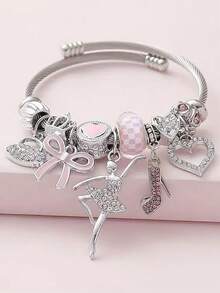 Elegant Princess Style Pink Butterfly Pendant Fully Rhinestoned High Heel Ballet Heart DIY Bangle, Suitable For Daily Wear, Festivals, Parties, Gifts