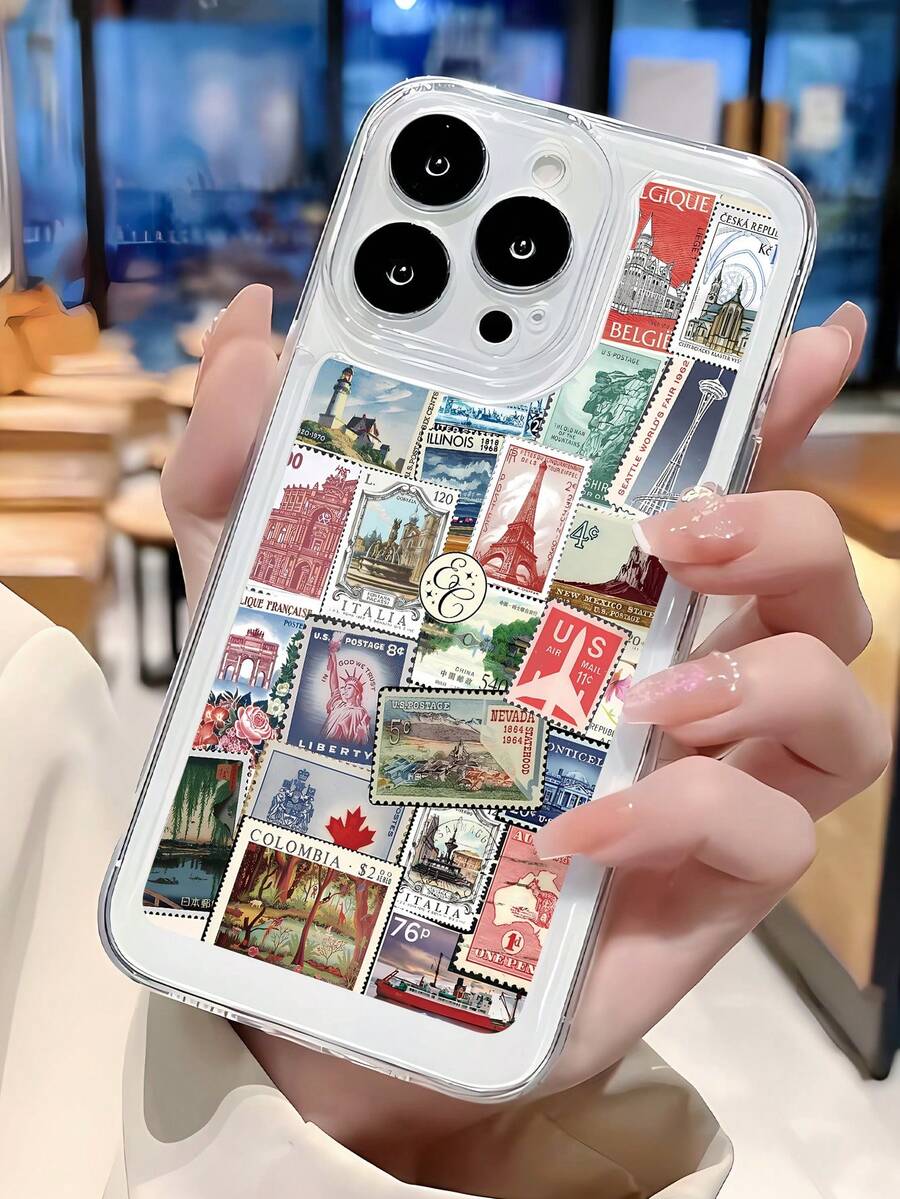 1pc Minimalist Personalized Travel Stamp, Eiffel Tower, Statue Of Liberty Graphic Aesthetic Pattern Transparent Shockproof TPU Full Coverage Lens Protective Phone Case Compatible With IPhone 16/16Pro/16Plus/15/15ProMax/15Pro/11/12/13/14ProMax/11Pro/11ProMax/12Pro/12ProMax/13Pro/13ProMax/14Pro/14ProMax, Soft Shell, High-End Creative - Multicolor - View 1