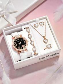 6/5pcs Women's Exquisite And Fashionable Fireworks Heart-Shaped Dial Quartz Watch, Suitable For Women To Wear, Paired With Elegant Jewelry Necklaces, Bracelets, Rings, And Earring Sets, Very Suitable For Women's Daily Life Such As Gatherings, Returning To School, And Traveling. Birthday Gifts, Graduation Season, Christmas, Valentine's Day, Are The Perfect Gifts For Women