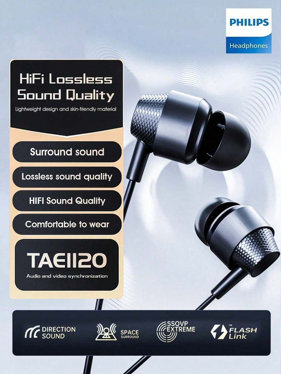 Philips TAE1120 Wired Earbuds, 2025 New Model, In-Ear, Sports Gaming, High-Fidelity Sound, USB-C