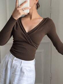 Livesso Women's Warm Fleece Crossed T-Shirt, Fall Clothes Long Sleeve Women Tops, Thermal Lined,Winter - Rust Brown - View 1