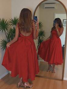 Floreya2025 Spring & Summer Elegant Waist Gathering Camisole Umbrella Dress, Solid Color Dating Dress With Sweet Waist, Bowknot Backdesign, Unique French Style - Red - View 4